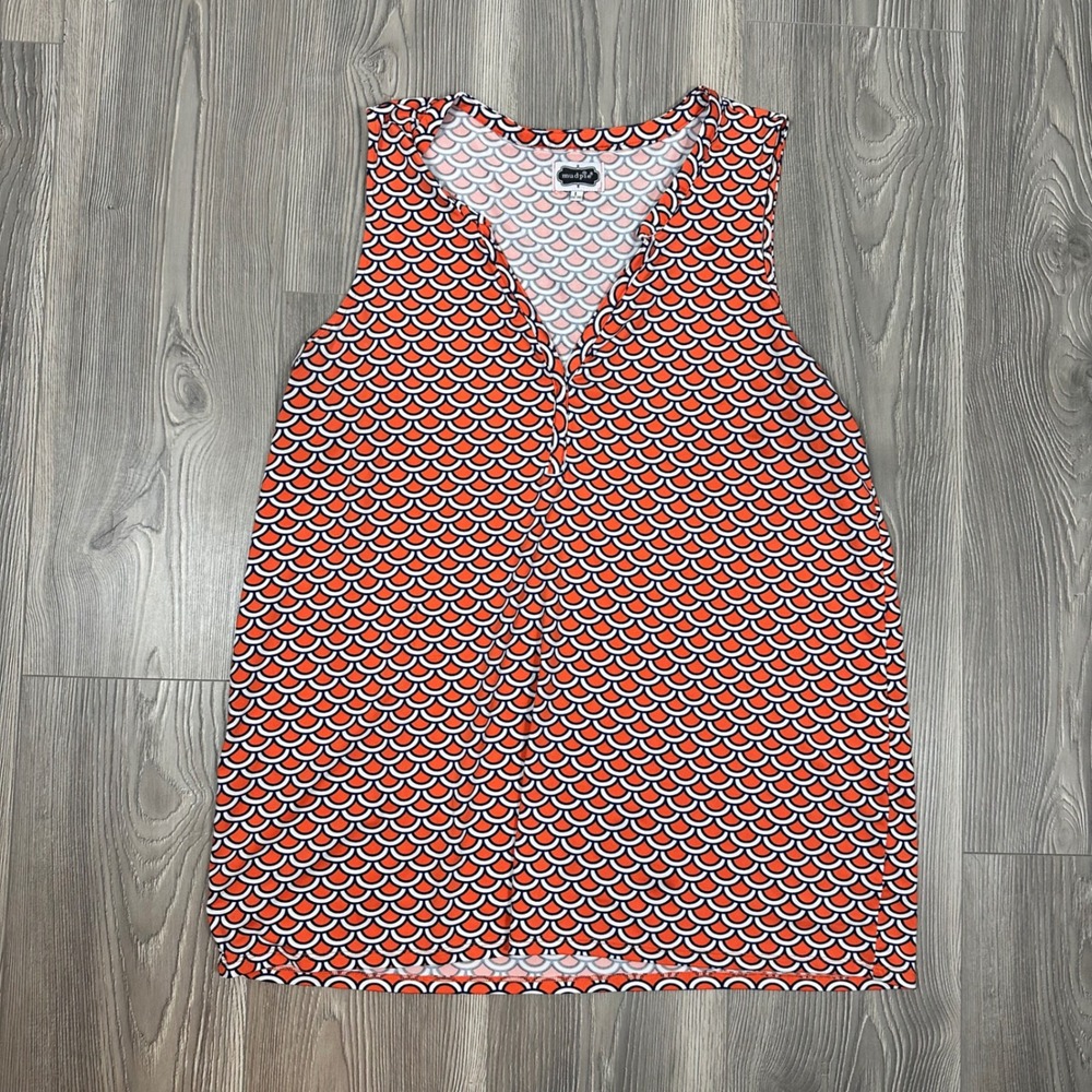 Mud Pie Orange and Navy Scalloped Wave Print Sleveless Tunic Top - SIZE L
